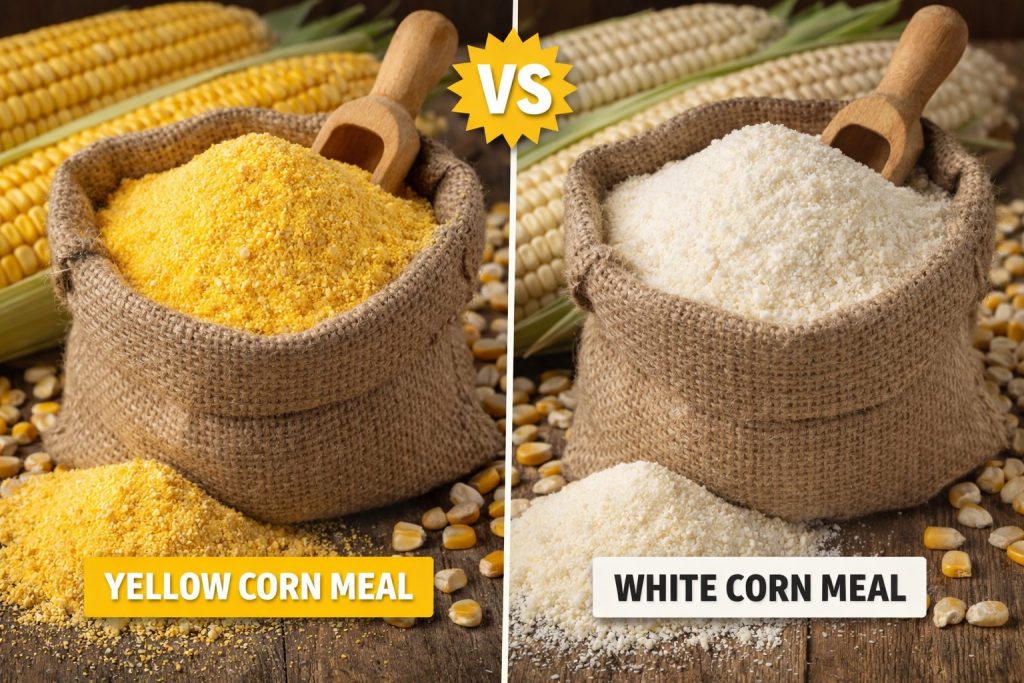 Yellow corn meal vs white corn meal comparison showing two sacks with ground corn highlighting color, texture, and differences in food processing ingredients